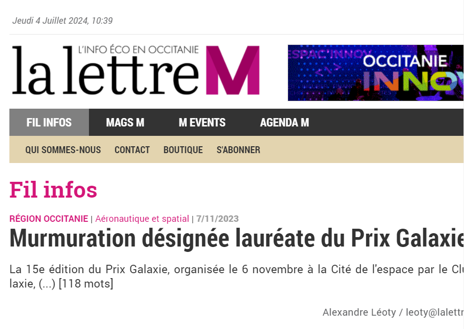 Murmuration named winner of the Galaxie Award